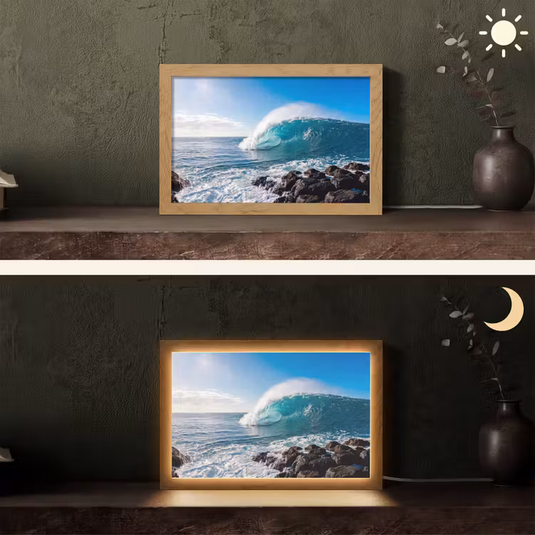 Golf - Oceaan - Brekend - Water - Blauw Light Box met kabel (Tafellamp) klein -sfeer3