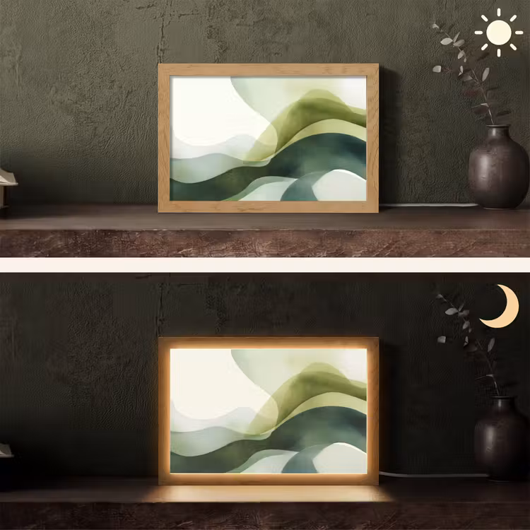 Golven - Abstract - Lichtgroen - Sierlijk Light Box met kabel (Tafellamp) klein -sfeer3