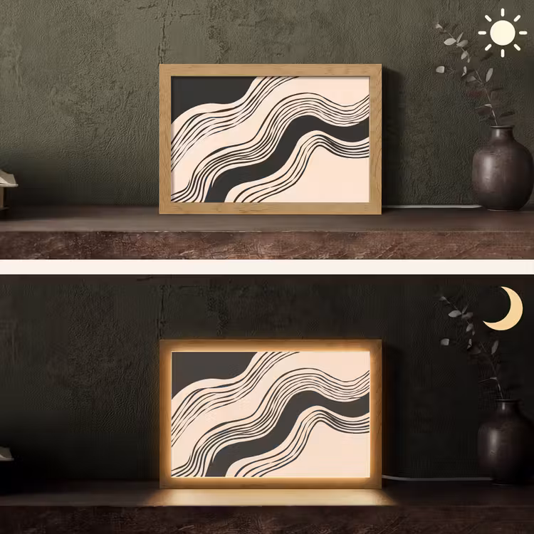 Golven - Zwart - Zandkleur Light Box met kabel (Tafellamp) klein -sfeer3