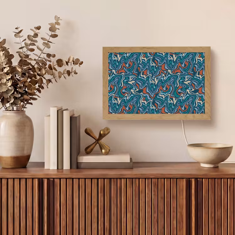 Golven - Retro - Blauw - Patroon Light Box met kabel (Tafellamp) klein 924 -sfeer2