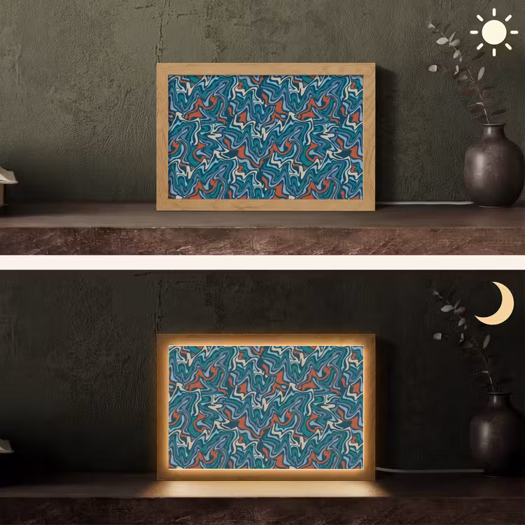 Golven - Retro - Blauw - Patroon Light Box met kabel (Tafellamp) klein 924 -sfeer3