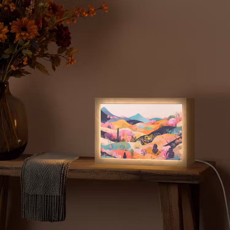 Golvende heuvels - Abstracte planten - Dromerig Light Box met kabel (Tafellamp) klein -sfeer4