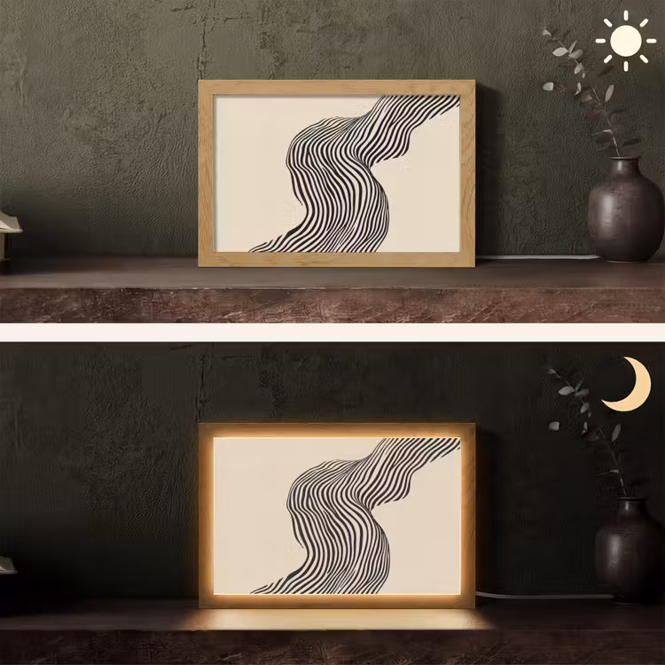 Golvend - Lijnen - Abstract - Silhouet Light Box met kabel (Tafellamp) klein -sfeer3