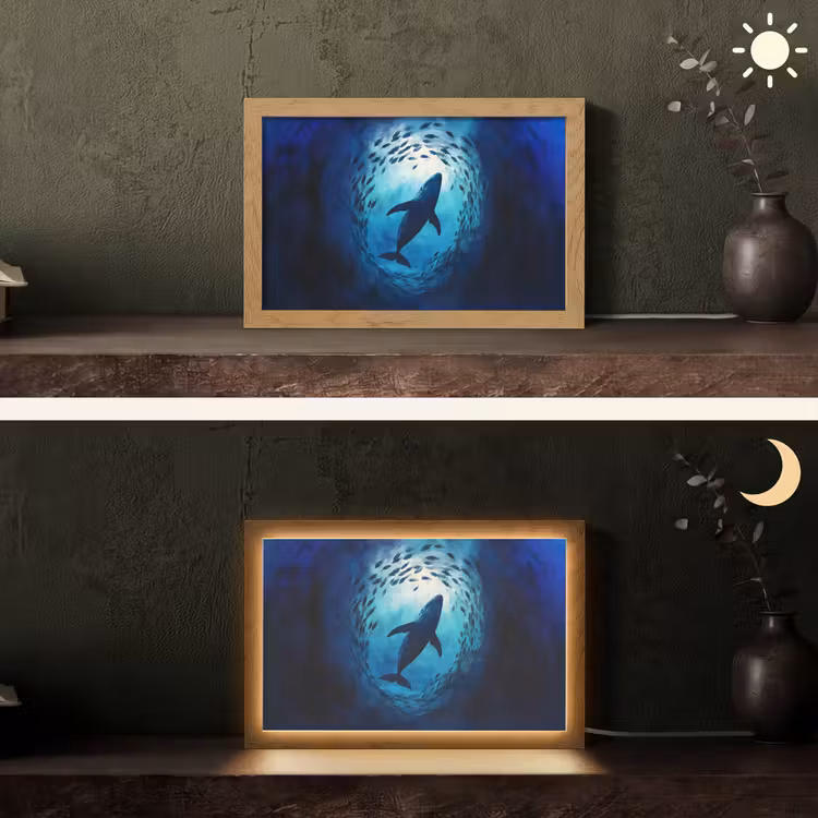 Walvis - Vissen - Donkerblauw Light Box met kabel (Tafellamp) klein -sfeer3