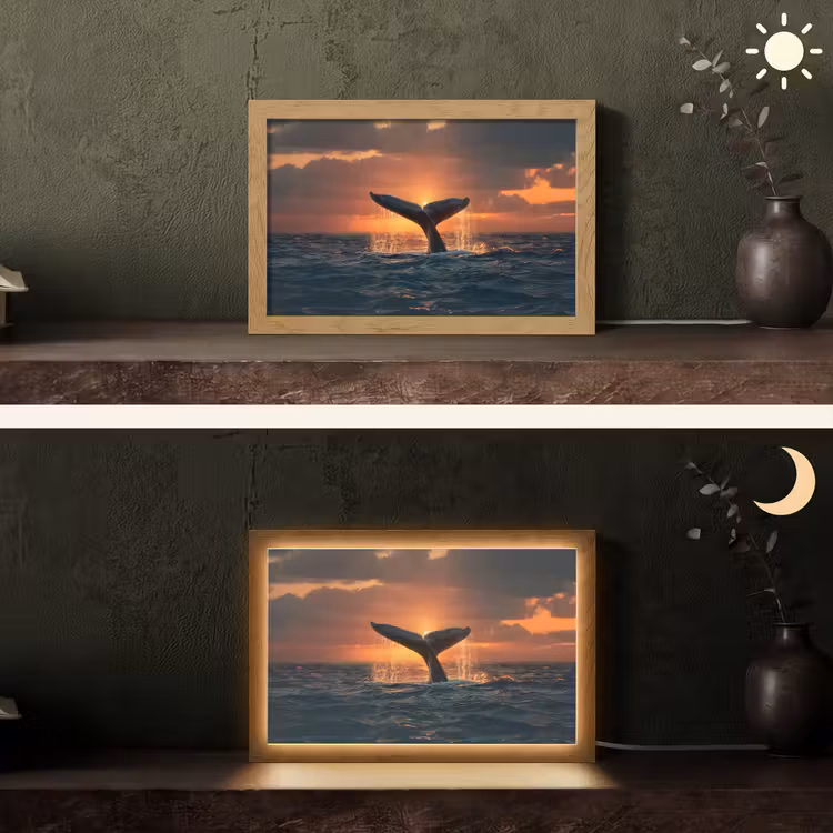 Walvis staart - Water - Zonsondergang Light Box met kabel (Tafellamp) klein -sfeer3