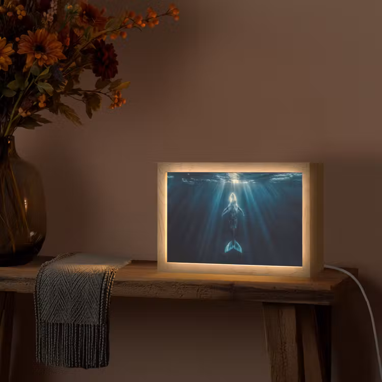 Walvis - Water - Zonnestralen - Blauw Light Box met kabel (Tafellamp) klein -sfeer4
