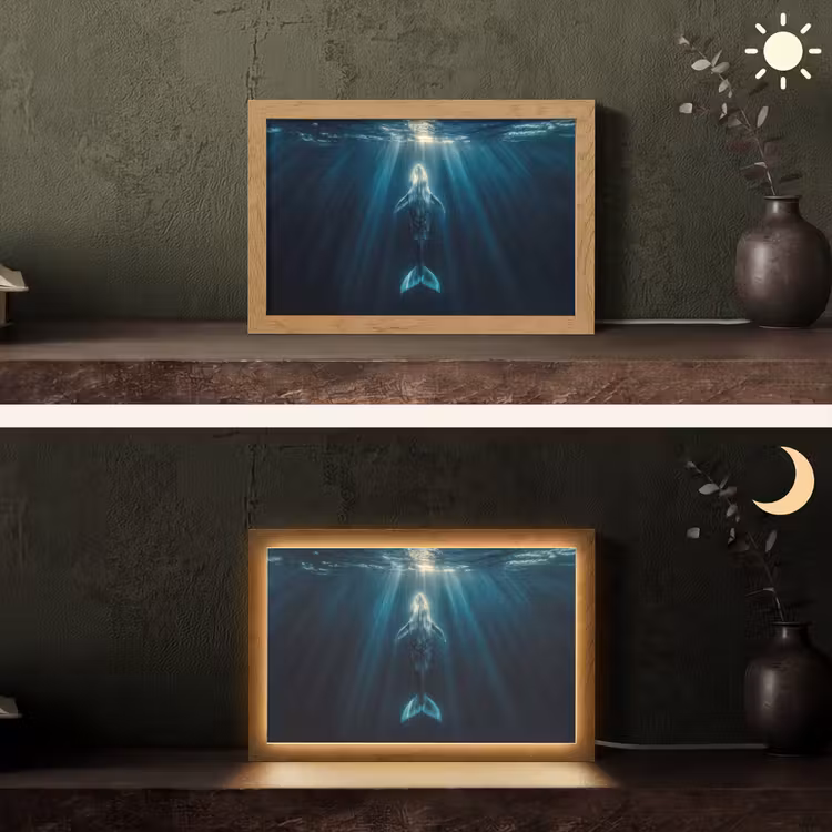 Walvis - Water - Zonnestralen - Blauw Light Box met kabel (Tafellamp) klein -sfeer3