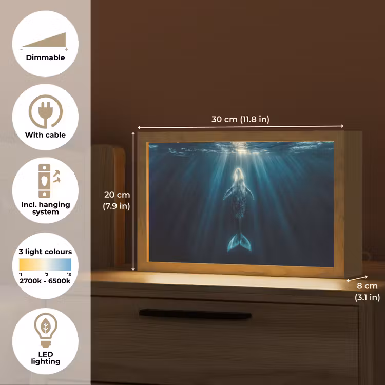 Walvis - Water - Zonnestralen - Blauw Light Box met kabel (Tafellamp) klein -USP_EN