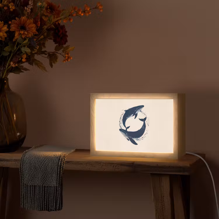 Walvissen - Spetters - Cirkel - Donkerblauw Light Box met kabel (Tafellamp) klein -sfeer4