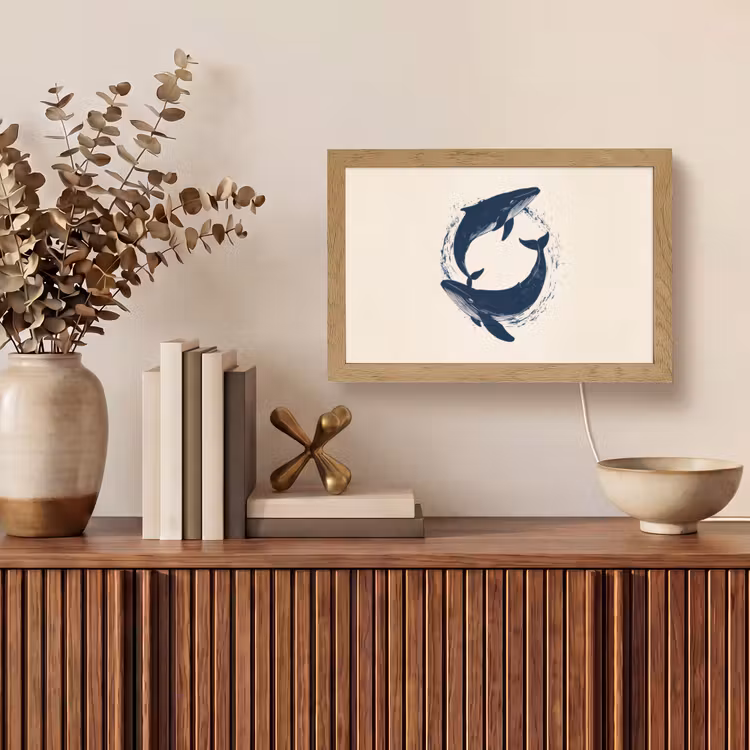 Walvissen - Spetters - Cirkel - Donkerblauw Light Box met kabel (Tafellamp) klein -sfeer2