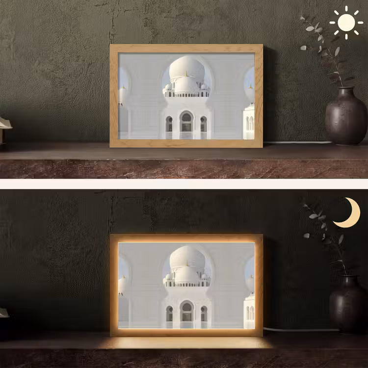 Witte koepel - Gouden Details - Moskee Light Box met kabel (Tafellamp) klein -sfeer3