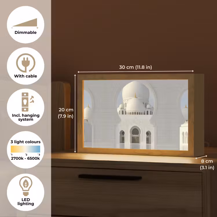 Witte koepel - Gouden Details - Moskee Light Box met kabel (Tafellamp) klein -USP_EN