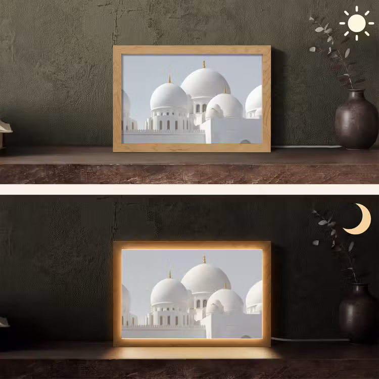 Witte koepels - Helderblauwe lucht - Islamitisch Light Box met kabel (Tafellamp) klein -sfeer3