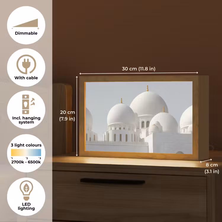 Witte koepels - Helderblauwe lucht - Islamitisch Light Box met kabel (Tafellamp) klein -USP_EN