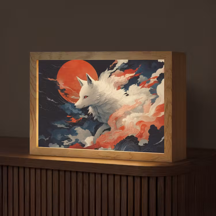 Witte vos - wolken - maan Light Box met kabel (Tafellamp) klein -z3d_website