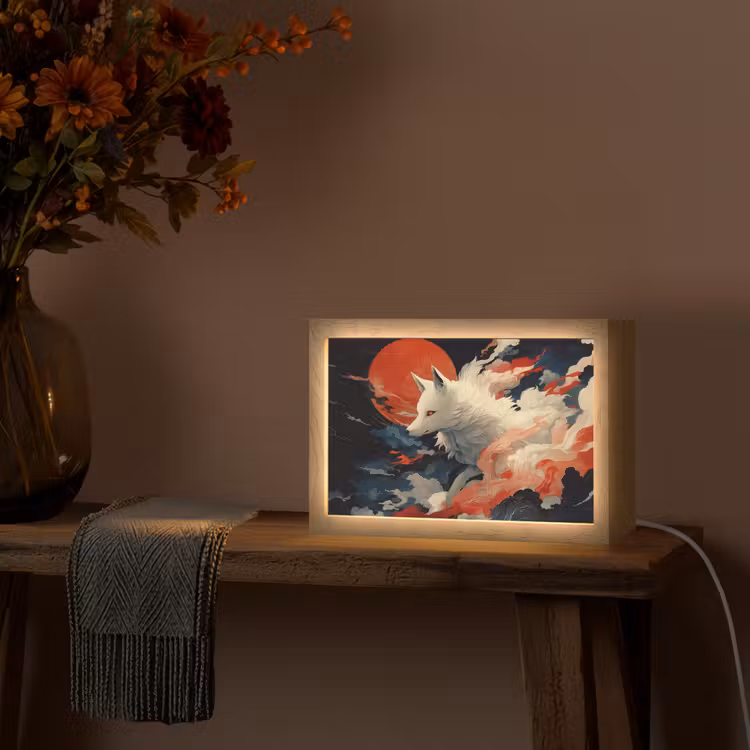 Witte vos - wolken - maan Light Box met kabel (Tafellamp) klein -sfeer4