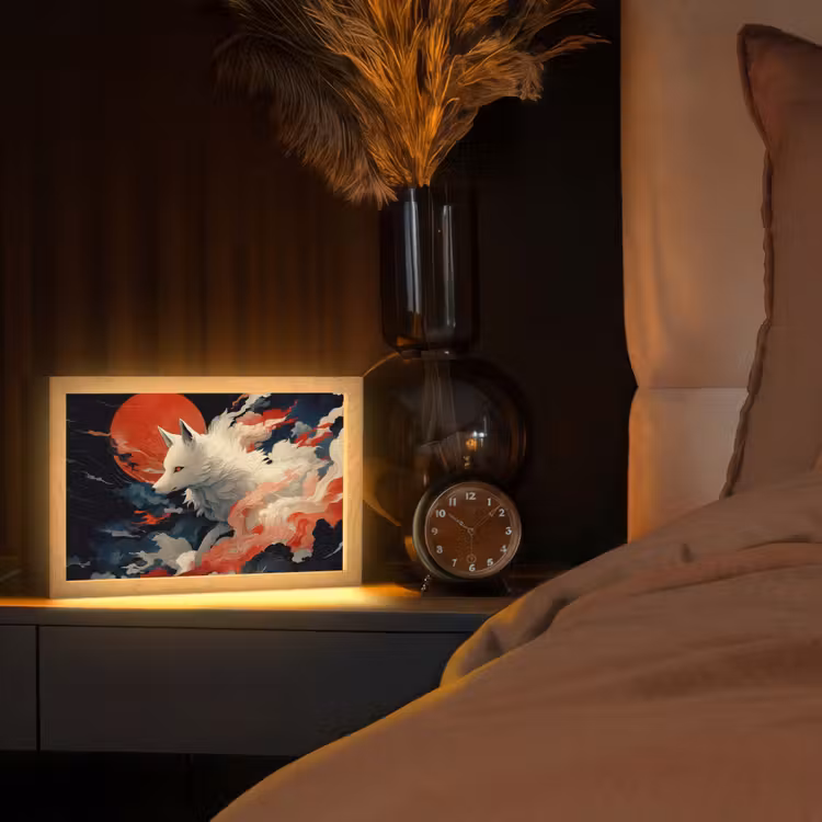 Witte vos - wolken - maan Light Box met kabel (Tafellamp) klein -sfeer1