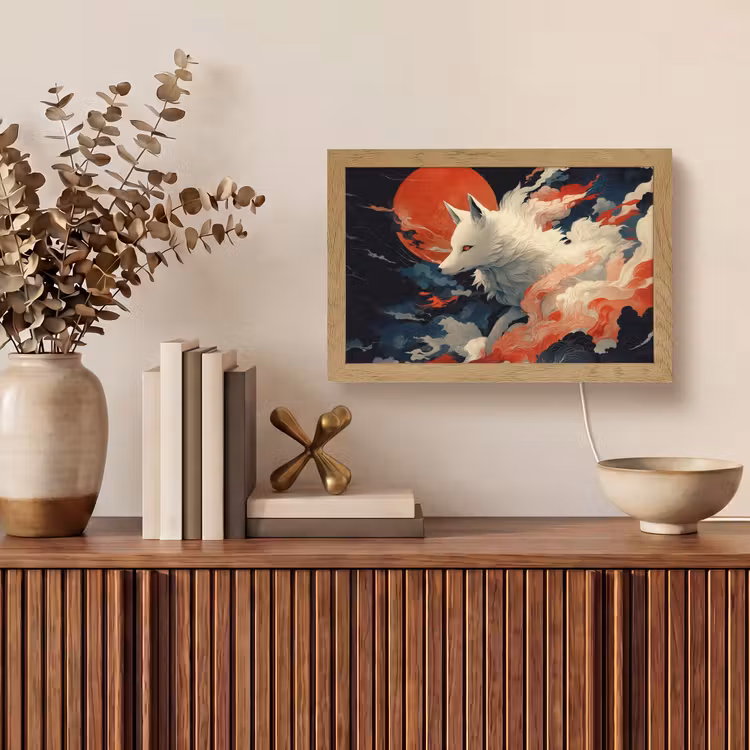 Witte vos - wolken - maan Light Box met kabel (Tafellamp) klein -sfeer2