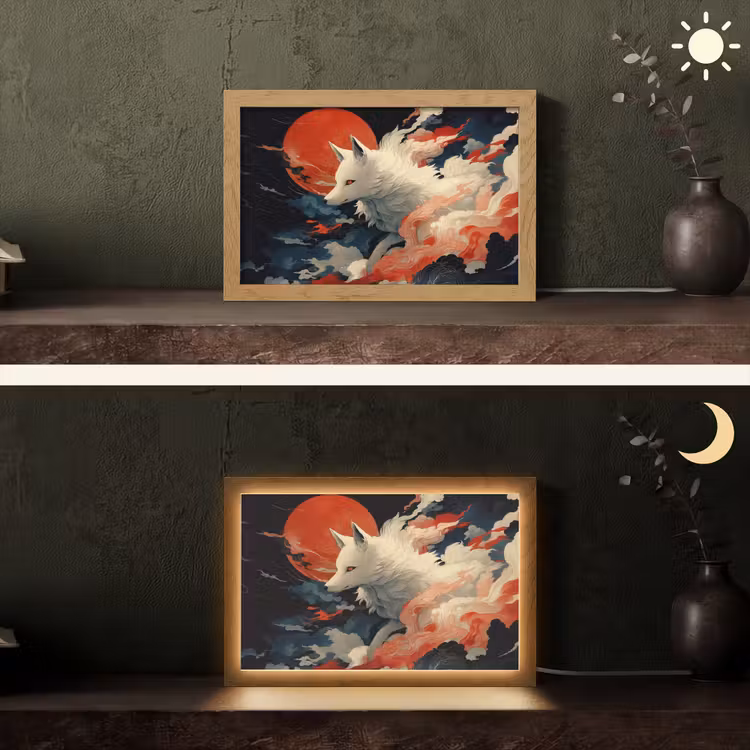 Witte vos - wolken - maan Light Box met kabel (Tafellamp) klein -sfeer3
