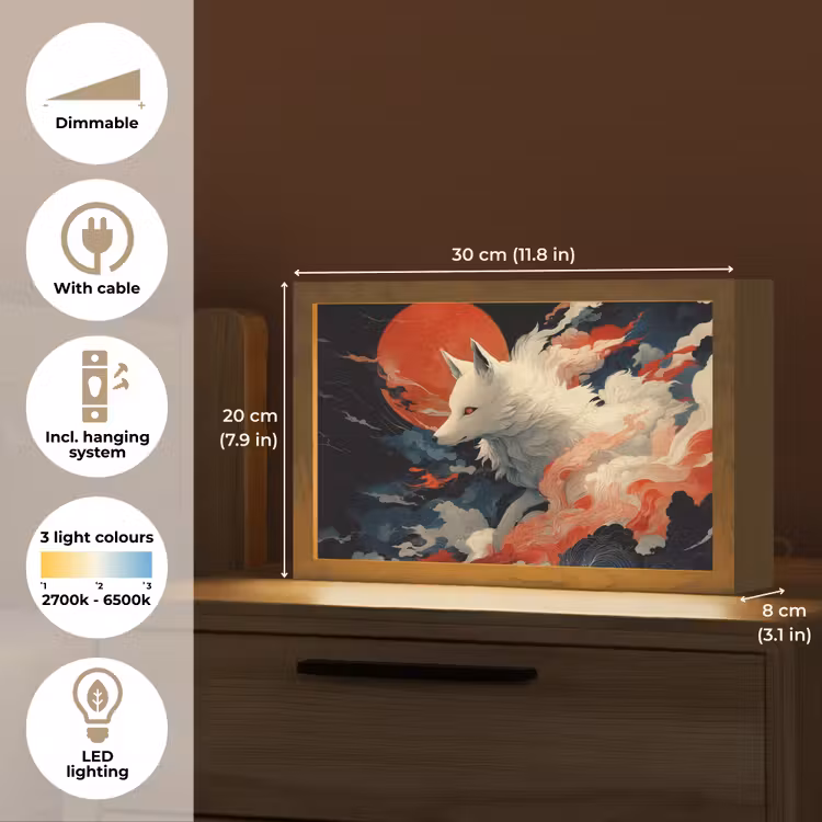 Witte vos - wolken - maan Light Box met kabel (Tafellamp) klein -USP_EN
