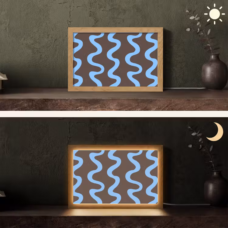 Kronkelende lijnen - Blauw - Bruin - Minimalistisch Light Box met kabel (Tafellamp) klein 924 -sfeer3