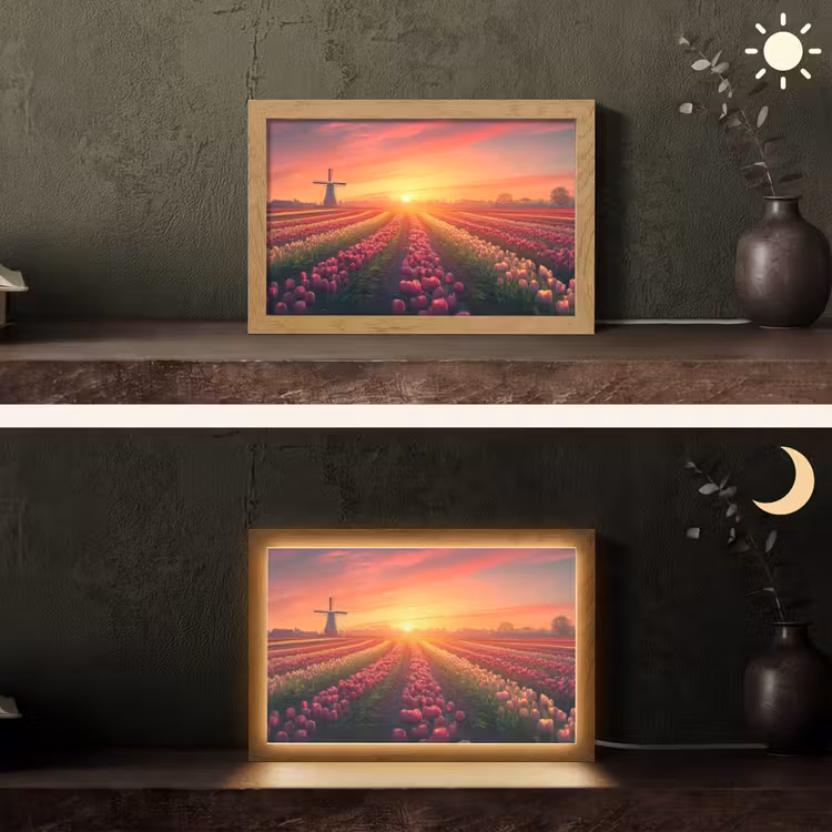 Windmolen - Zonsondergang - Landschap Light Box met kabel (Tafellamp) klein -sfeer3