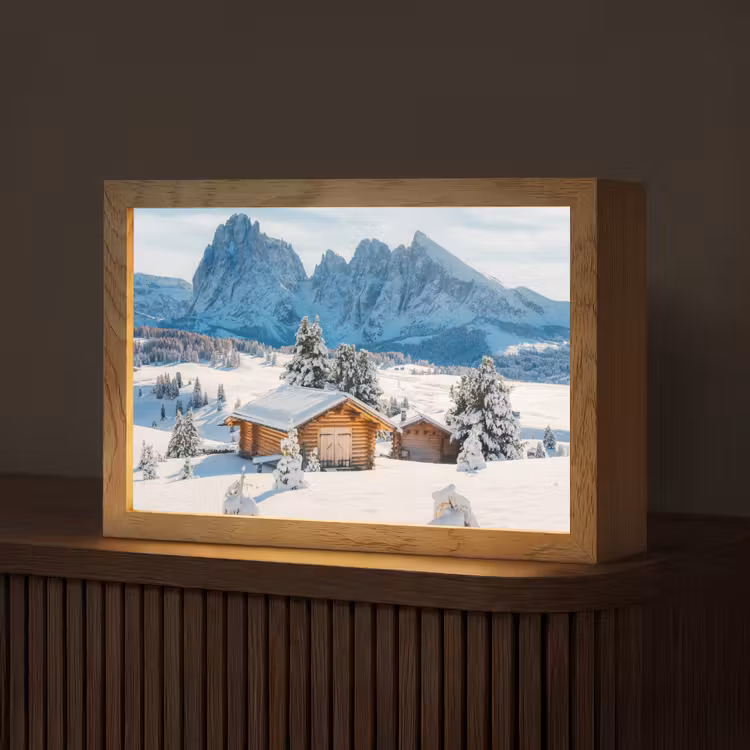 Winter - Huisje - Bergen - Uitzicht - Sneeuw Light Box met kabel (Tafellamp) klein -z3d_website