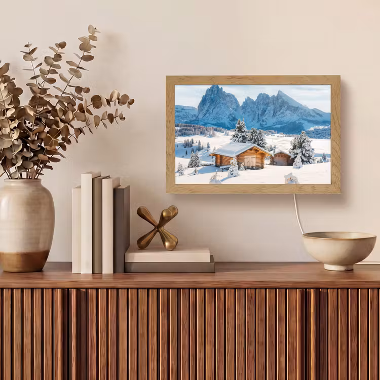 Winter - Huisje - Bergen - Uitzicht - Sneeuw Light Box met kabel (Tafellamp) klein -sfeer2