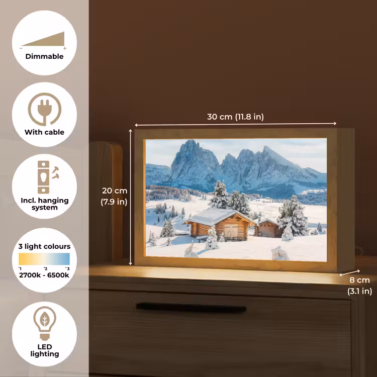 Winter - Huisje - Bergen - Uitzicht - Sneeuw Light Box met kabel (Tafellamp) klein -USP_EN
