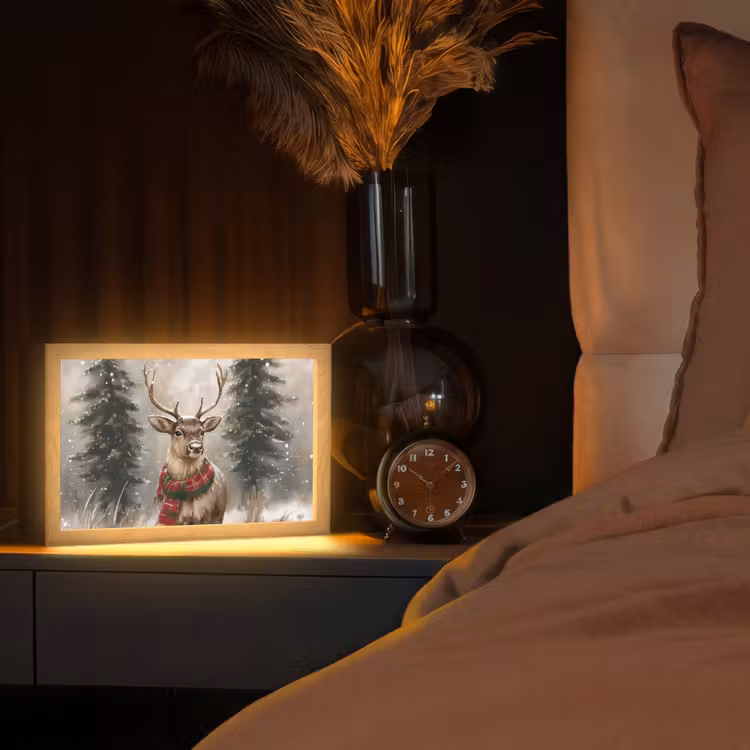 Winter - Bos - Rendier - Donker Light Box met kabel (Tafellamp) klein -sfeer1