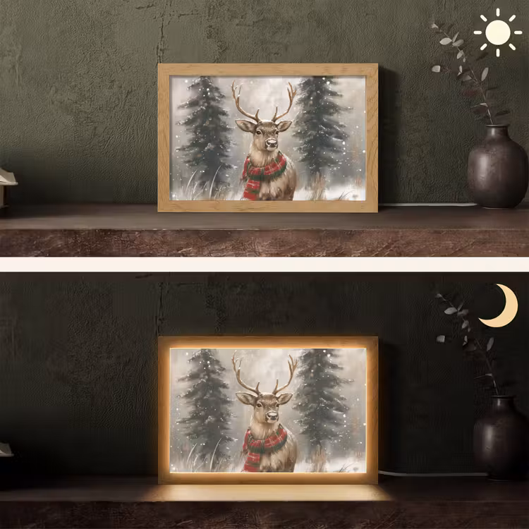 Winter - Bos - Rendier - Donker Light Box met kabel (Tafellamp) klein -sfeer3