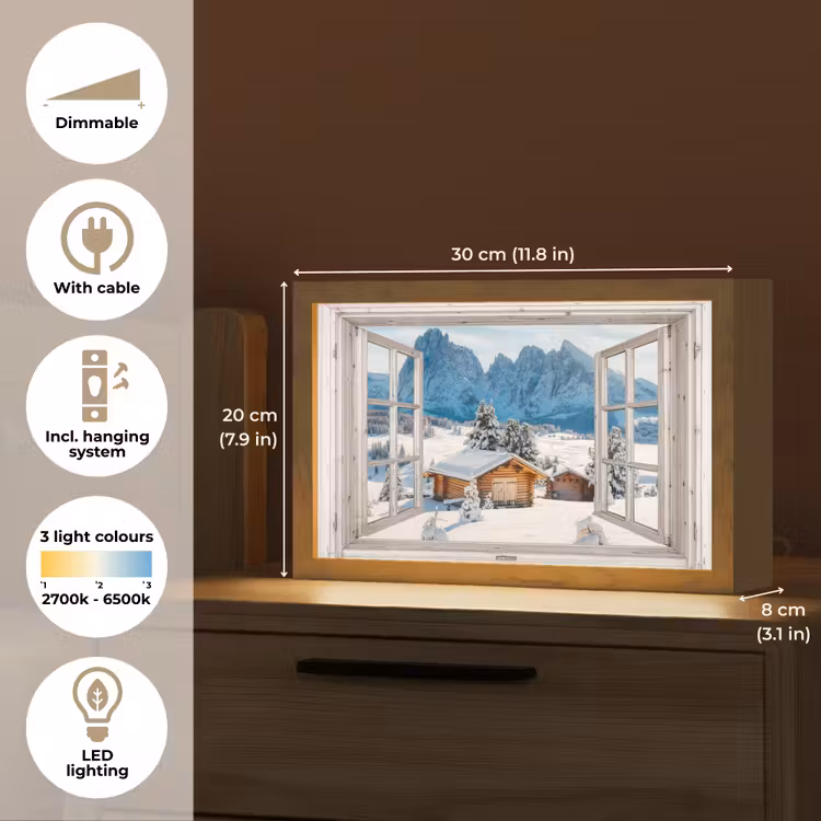 Winterlandschap - Huisje - Bergen - Uitzicht - Doorkijk - Natuur Light Box met kabel (Tafellamp) klein -USP_EN