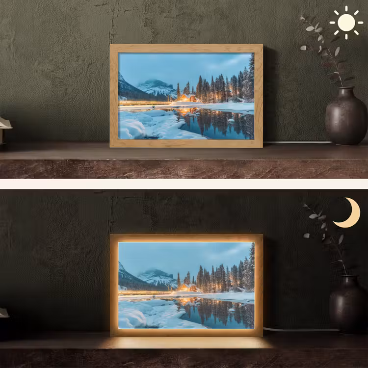 Winterlandschap - Natuur - Huis - Bergen - Sneeuw Light Box met kabel (Tafellamp) klein -sfeer3