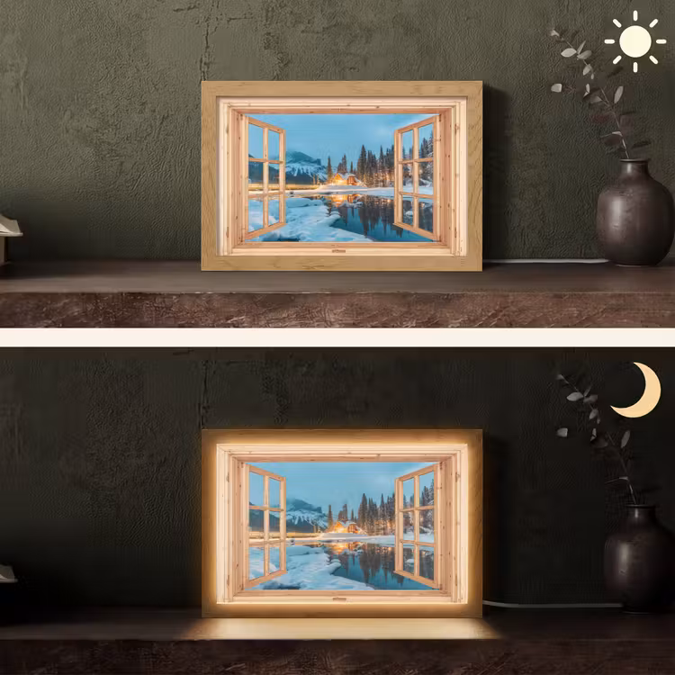 Winterlandschap - Natuur - Huis - Bergen - Doorkijk - Raam Light Box met kabel (Tafellamp) klein -sfeer3