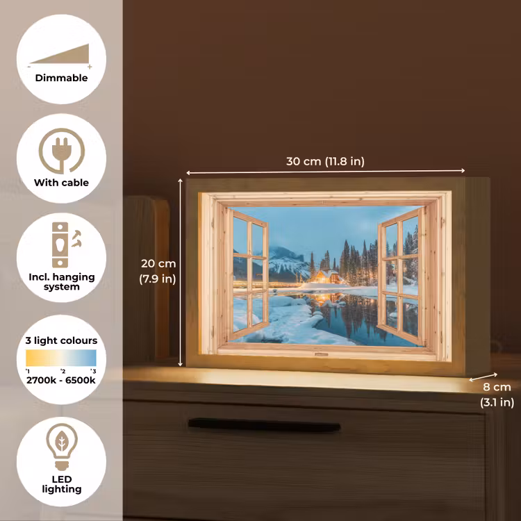 Winterlandschap - Natuur - Huis - Bergen - Doorkijk - Raam Light Box met kabel (Tafellamp) klein -USP_EN