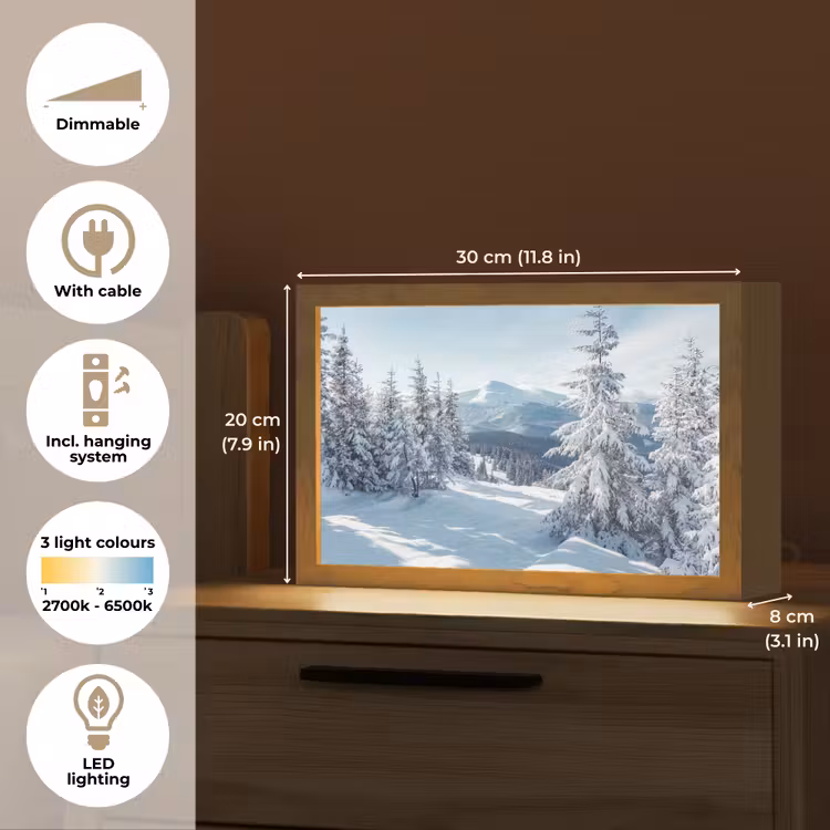 Winterlandschap - Natuur - Berg - Bomen - Sneeuw Light Box met kabel (Tafellamp) klein -USP_EN