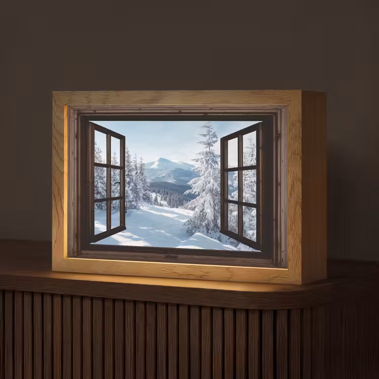 Winter - Landschap - Natuur - Berg - Bomen - Doorkijk - Uitzicht Light Box met kabel (Tafellamp) klein -z3d_website