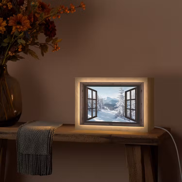 Winter - Landschap - Natuur - Berg - Bomen - Doorkijk - Uitzicht Light Box met kabel (Tafellamp) klein -sfeer4