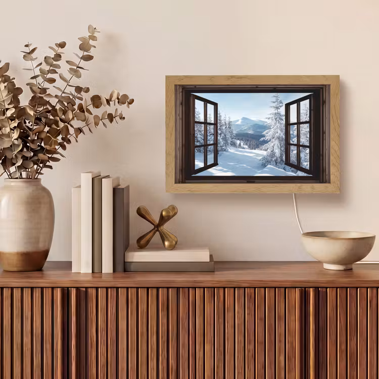 Winter - Landschap - Natuur - Berg - Bomen - Doorkijk - Uitzicht Light Box met kabel (Tafellamp) klein -sfeer2