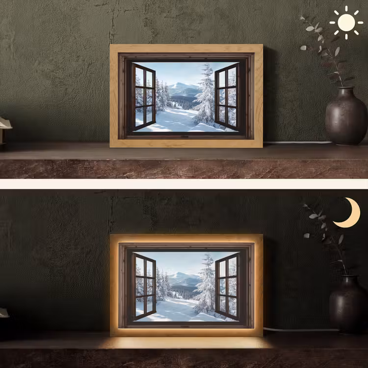 Winter - Landschap - Natuur - Berg - Bomen - Doorkijk - Uitzicht Light Box met kabel (Tafellamp) klein -sfeer3