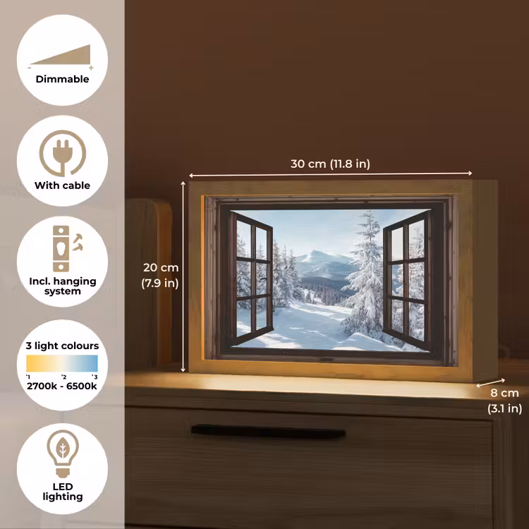 Winter - Landschap - Natuur - Berg - Bomen - Doorkijk - Uitzicht Light Box met kabel (Tafellamp) klein -USP_EN