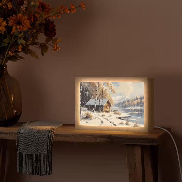 Winter - Sneeuw - Huis - Natuur Light Box met kabel (Tafellamp) klein -sfeer4