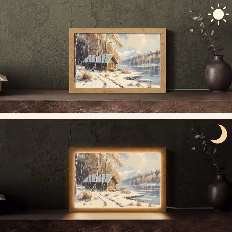 Winter - Sneeuw - Huis - Natuur Light Box met kabel (Tafellamp) klein -sfeer3