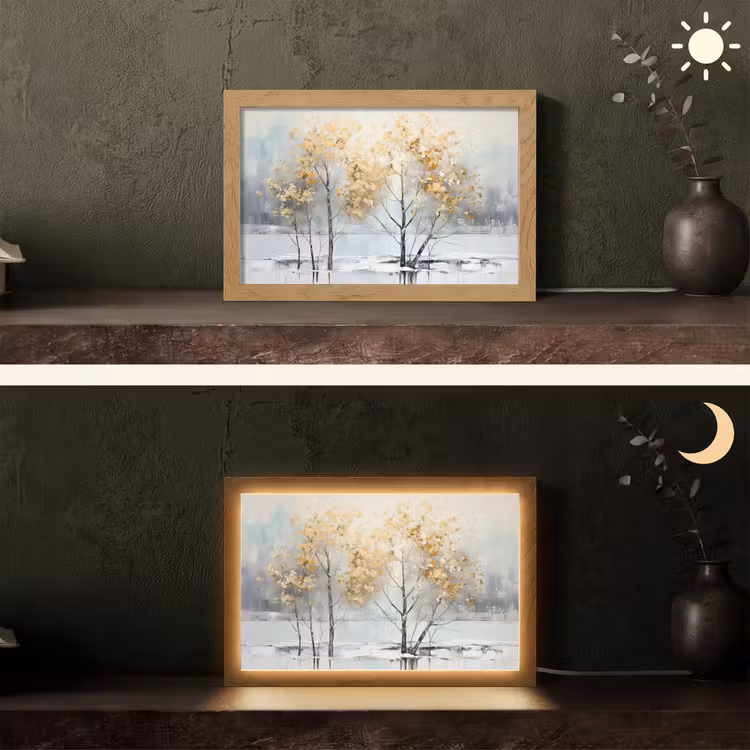 Winter - Bomen - Natuur - Acryl - Kunst Light Box met kabel (Tafellamp) klein -sfeer3