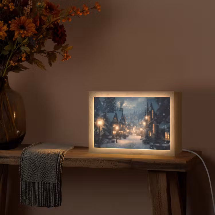 Winterdorp - Sneeuw - Donker Light Box met kabel (Tafellamp) klein -sfeer4