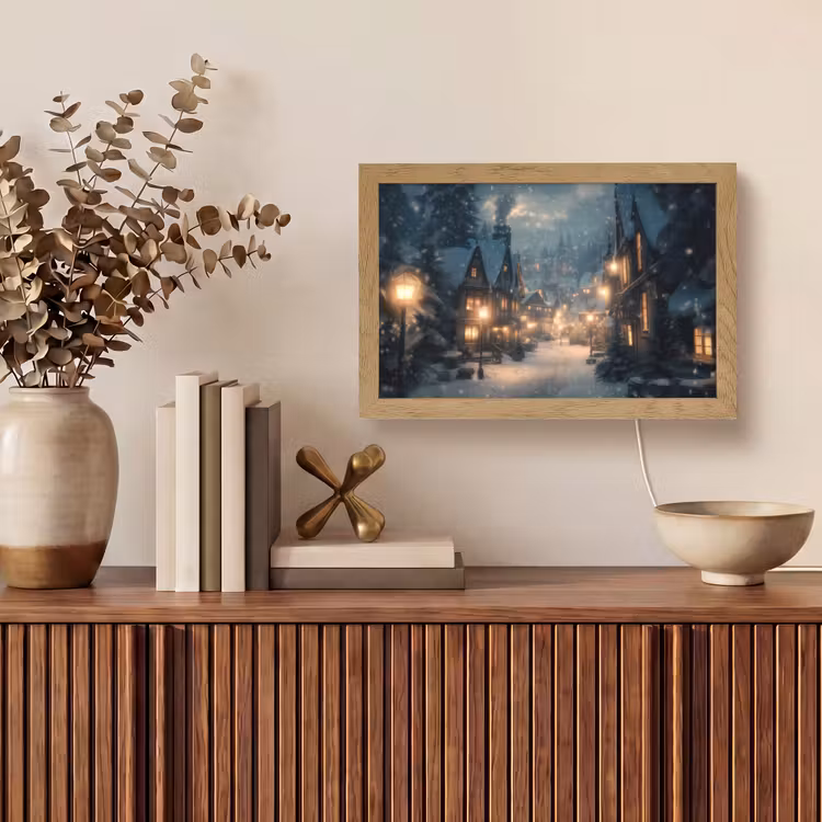 Winterdorp - Sneeuw - Donker Light Box met kabel (Tafellamp) klein -sfeer2