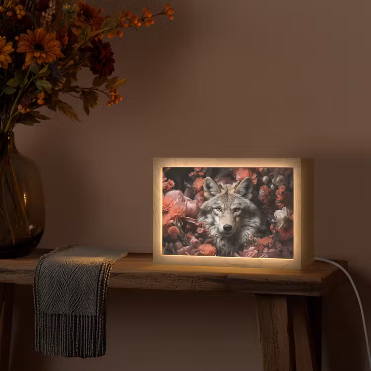 Wolf - Dier - Bloemen - Botanisch - Natuur - Fantasie Light Box met kabel (Tafellamp) klein -sfeer4
