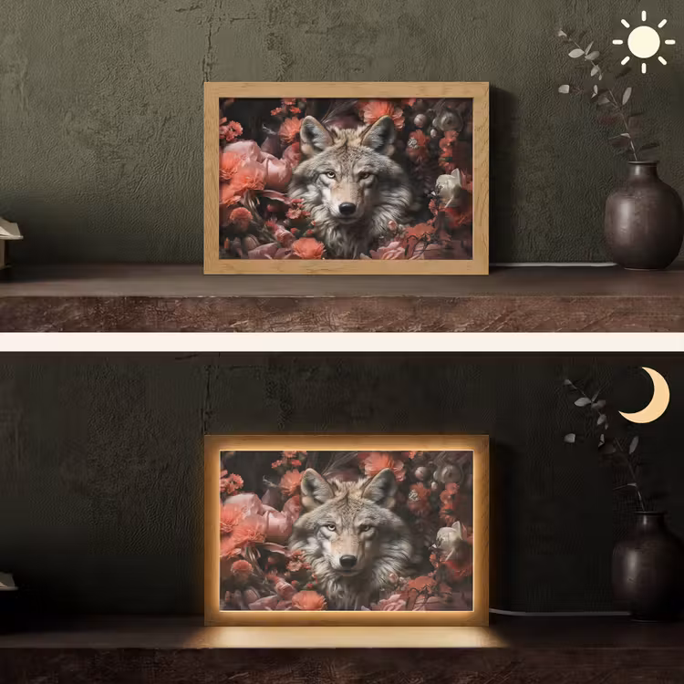 Wolf - Dier - Bloemen - Botanisch - Natuur - Fantasie Light Box met kabel (Tafellamp) klein -sfeer3