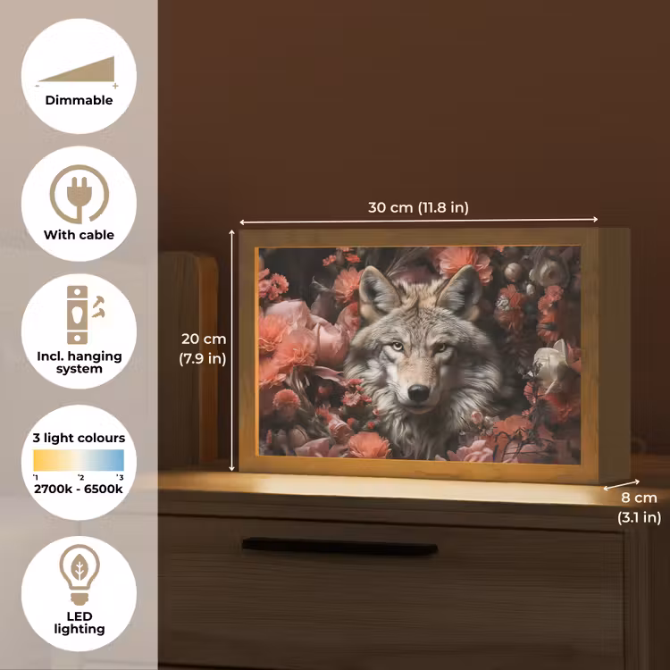 Wolf - Dier - Bloemen - Botanisch - Natuur - Fantasie Light Box met kabel (Tafellamp) klein -USP_EN
