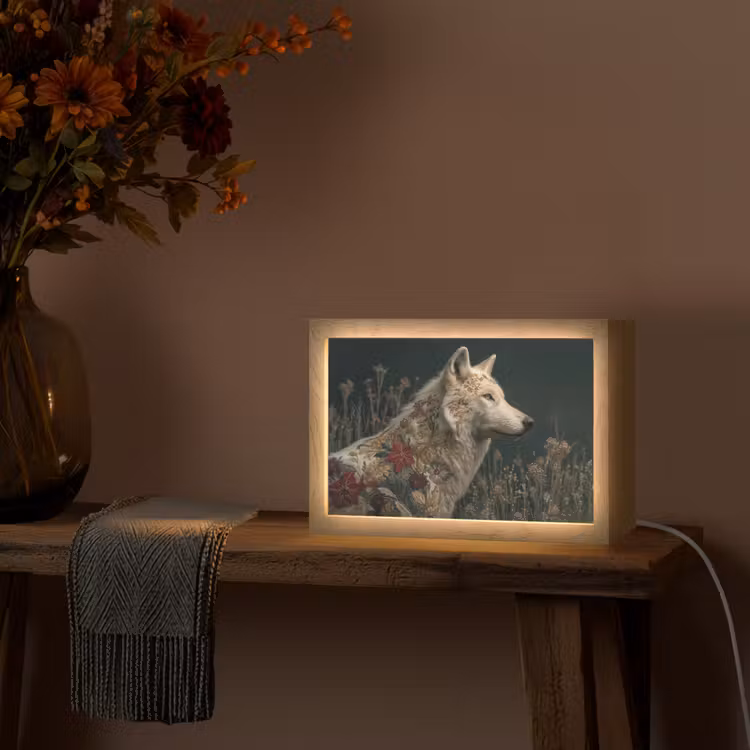 Wolf - Bloemen - Natuur Light Box met kabel (Tafellamp) klein -sfeer4